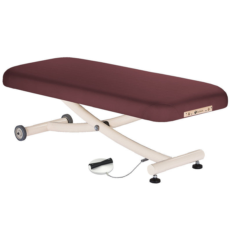 EarthLite ELLORA VISTA Lift Table with maroon cushion and cream metal frame.