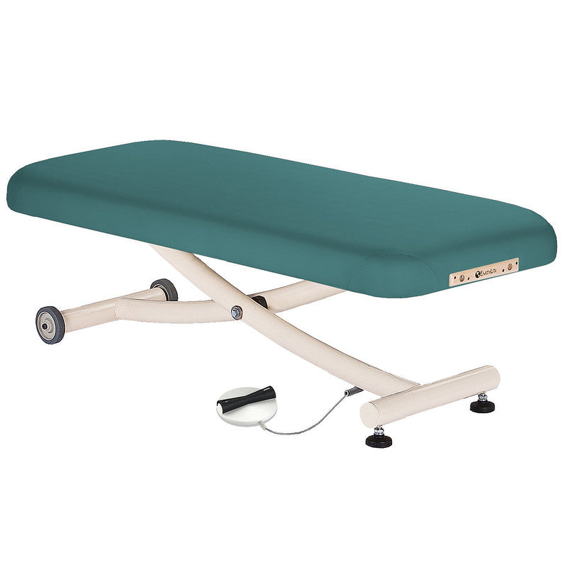 EarthLite ELLORA VISTA Lift Table with teal cushion, cream frame, and rolling wheels.