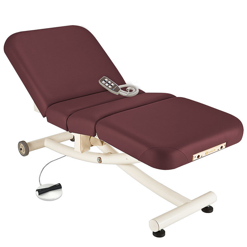 EarthLite Ellora Vista full electric salon table with maroon top and white metal base.