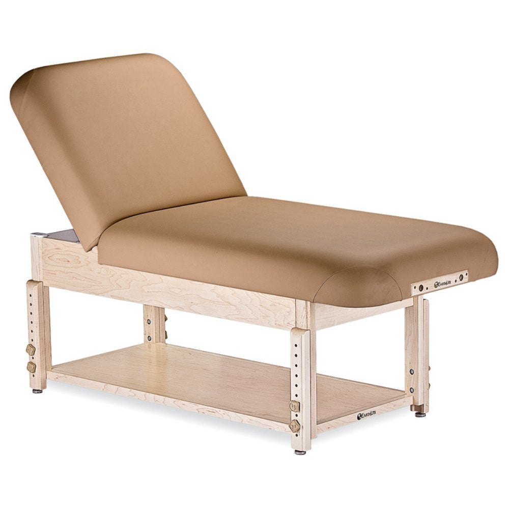 EarthLite SEDONA TILT massage table: tan padding, wood frame, and lower shelf for convenience.