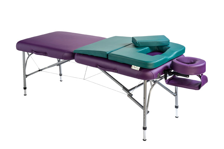 Nirvana DHARMA SuperLite Massage Table, green foam cushions, face cradle, purple finish.