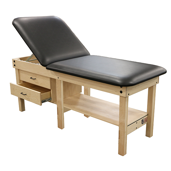 PHS Medical 6 Leg Classic Wood Treatment Table with black top, adjustable backrest, open drawers.