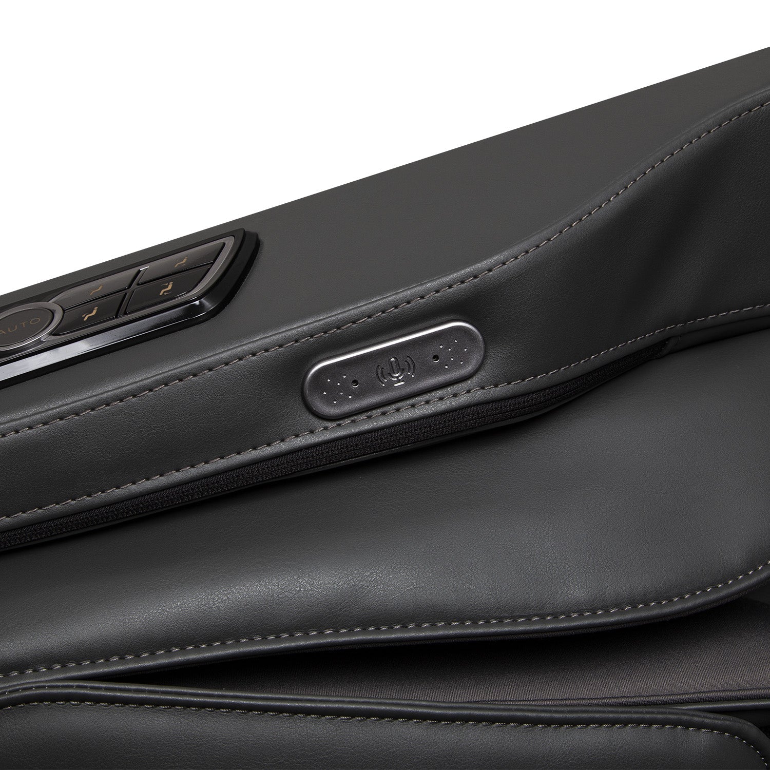 Close-up of Osaki OS-Highpointe 4D Electric Massage Chair’s black seat with controls.