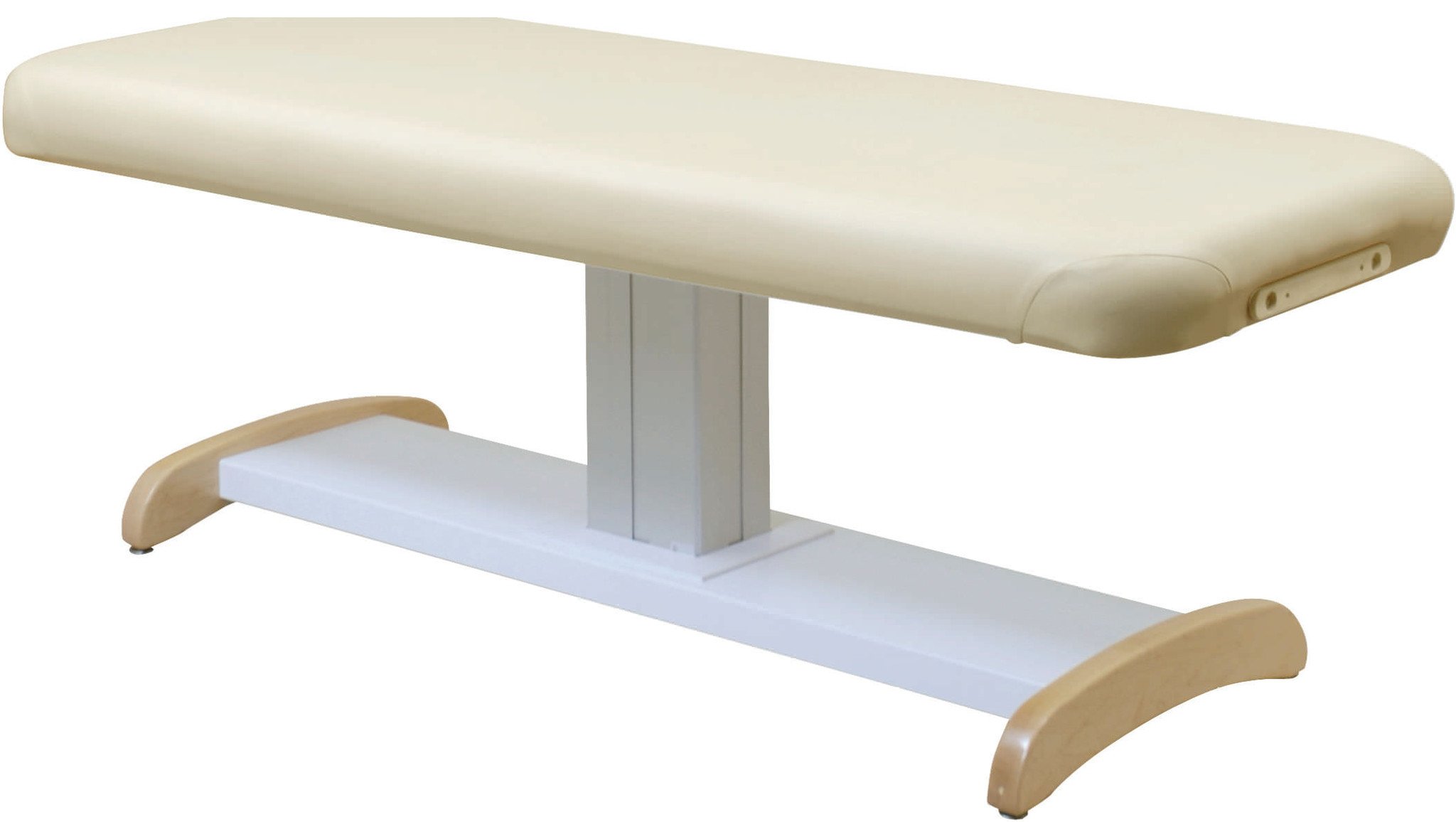 Custom Craftworks MAJESTIC BASIC electric lift massage table with metal base and wood panels.