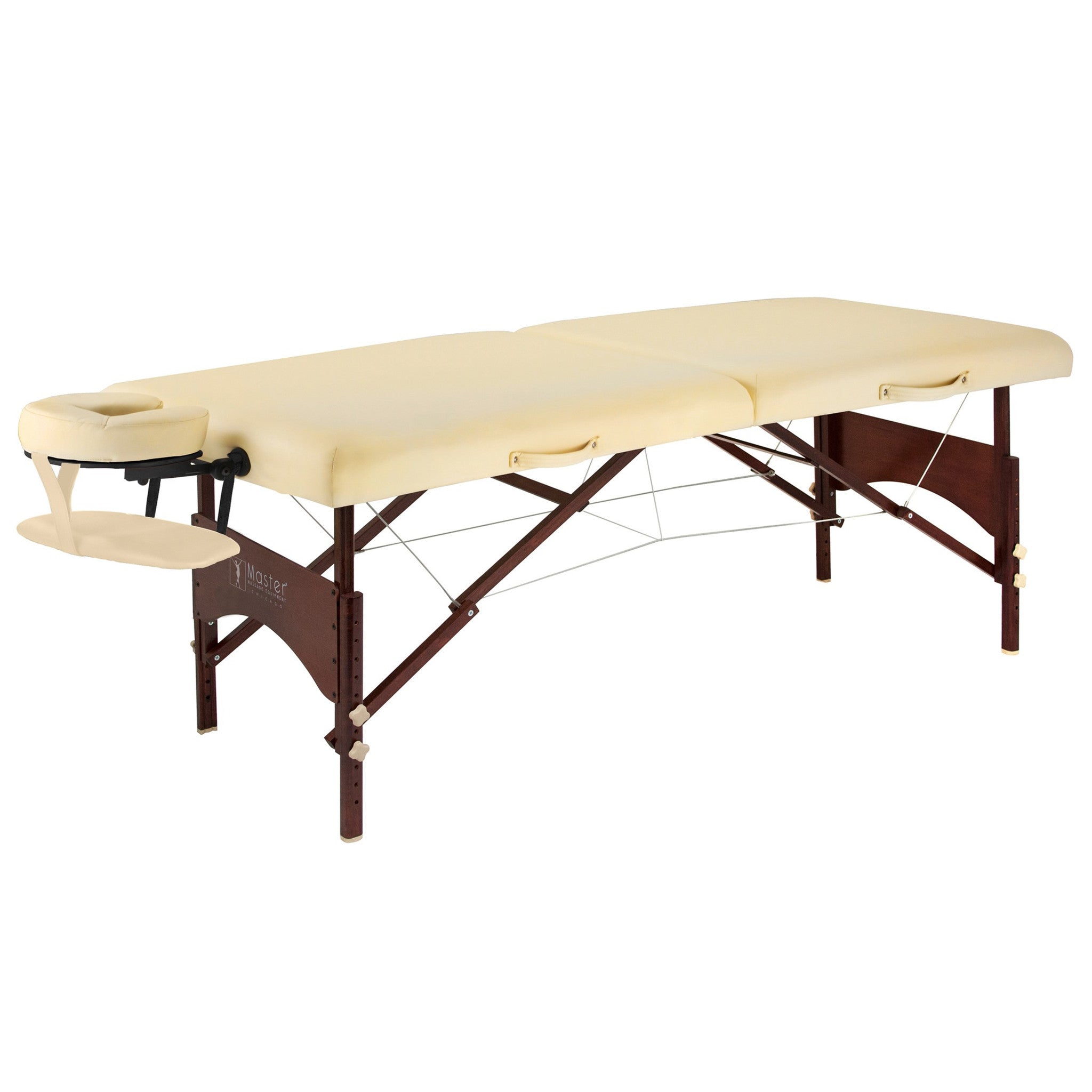 Master Massage ARGO Cream portable table with wood legs, small cell foam, and face cradle.