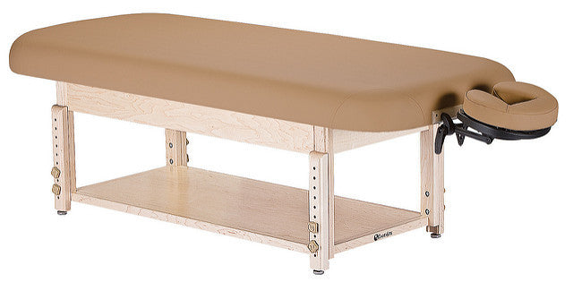 EarthLite SEDONA FLAT massage table: beige, hardwood frame, lower shelf, adjustable face cradle.
