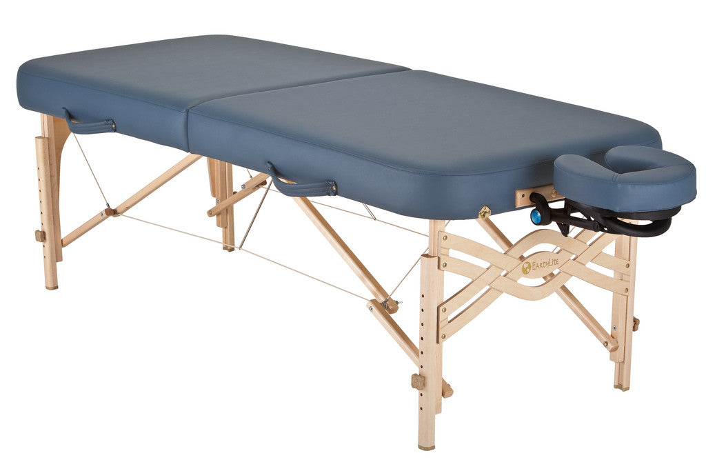 EarthLite SPIRIT Portable Massage Table, blue padding, wooden legs, attached face cradle.