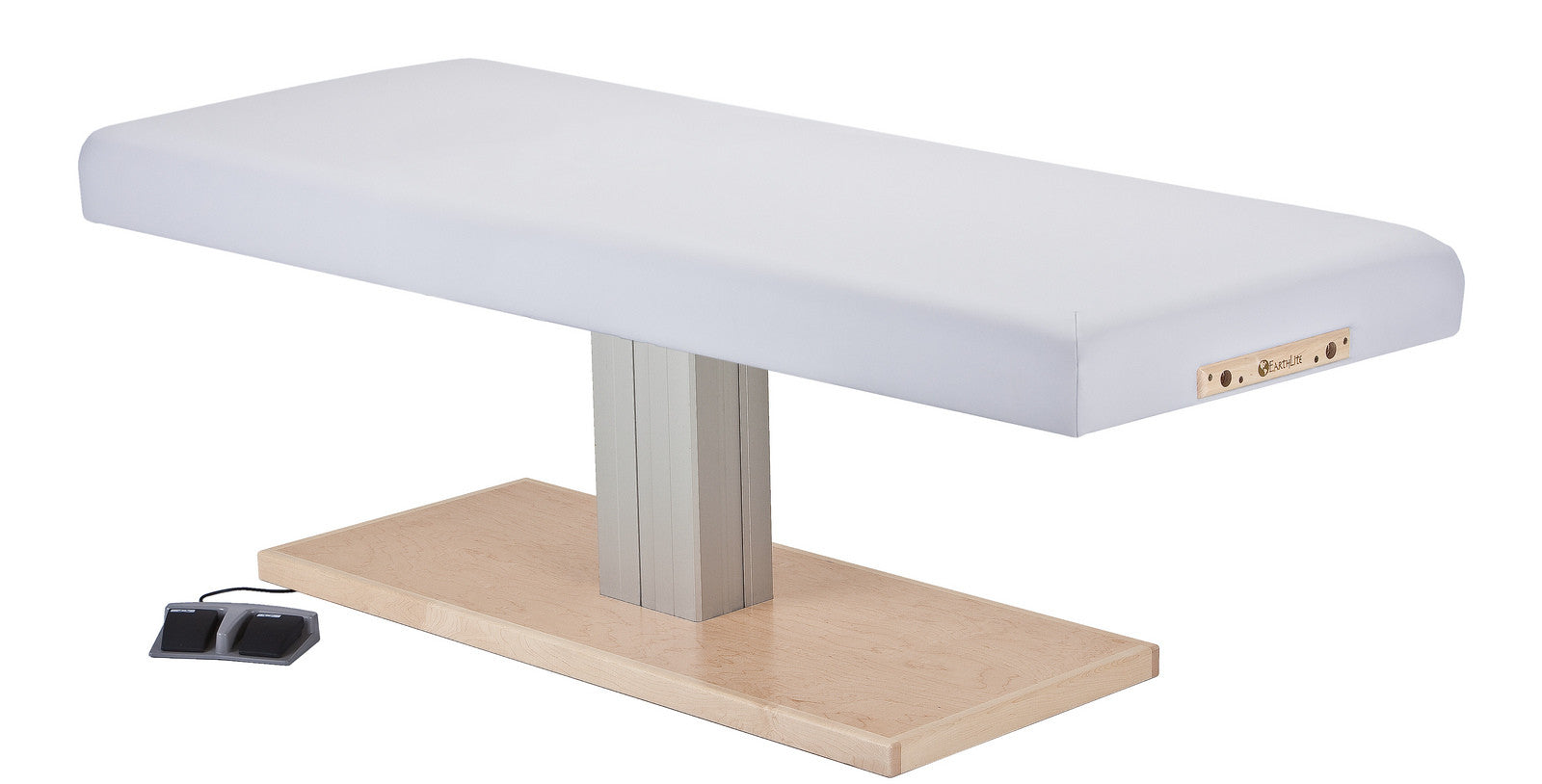 EarthLite EVEREST SPA FLAT electric lift table with wood base, adjustable for comfort.