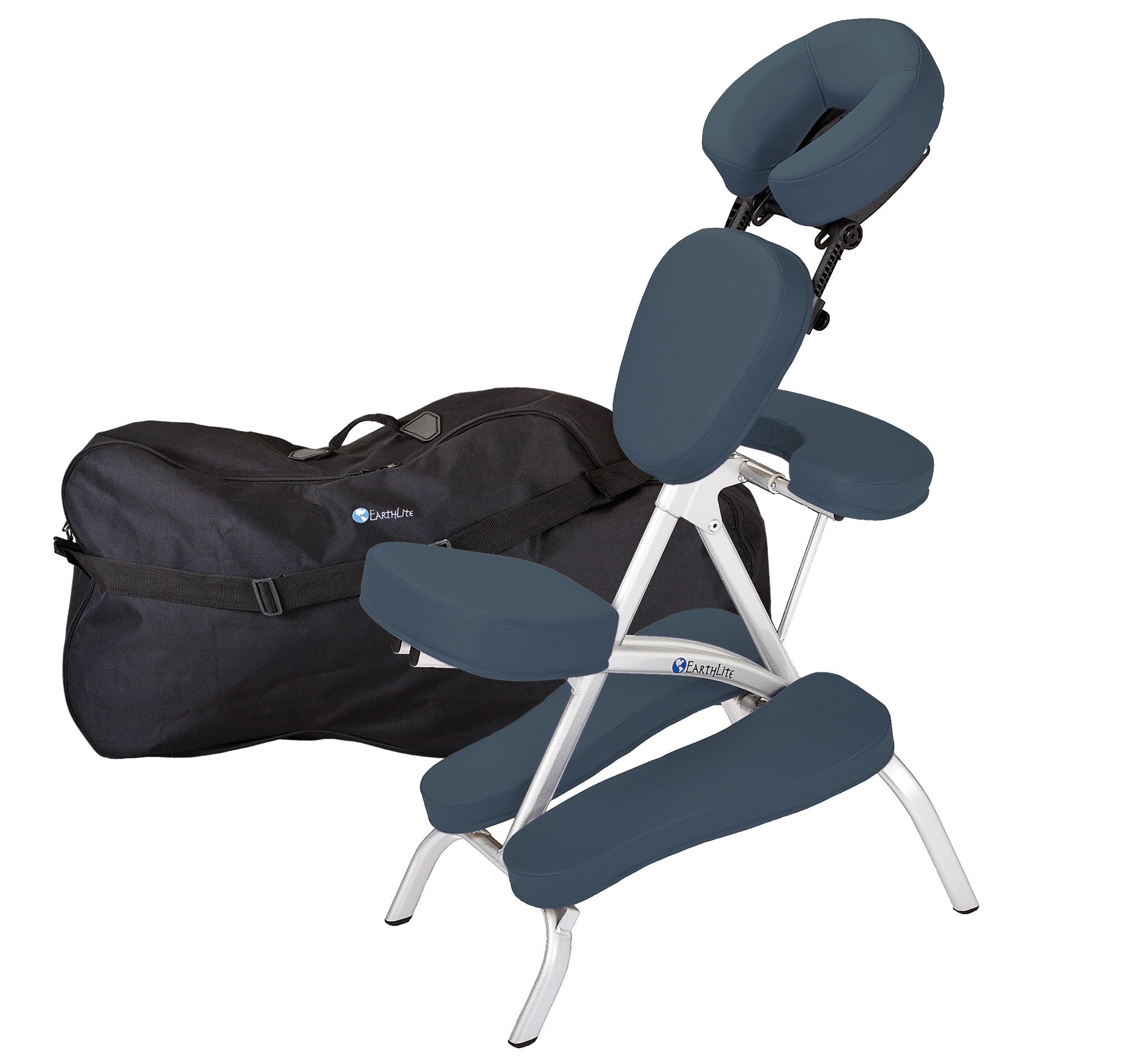 EarthLite VORTEX Portable Massage Chair with blue cushions and black carrying bag.