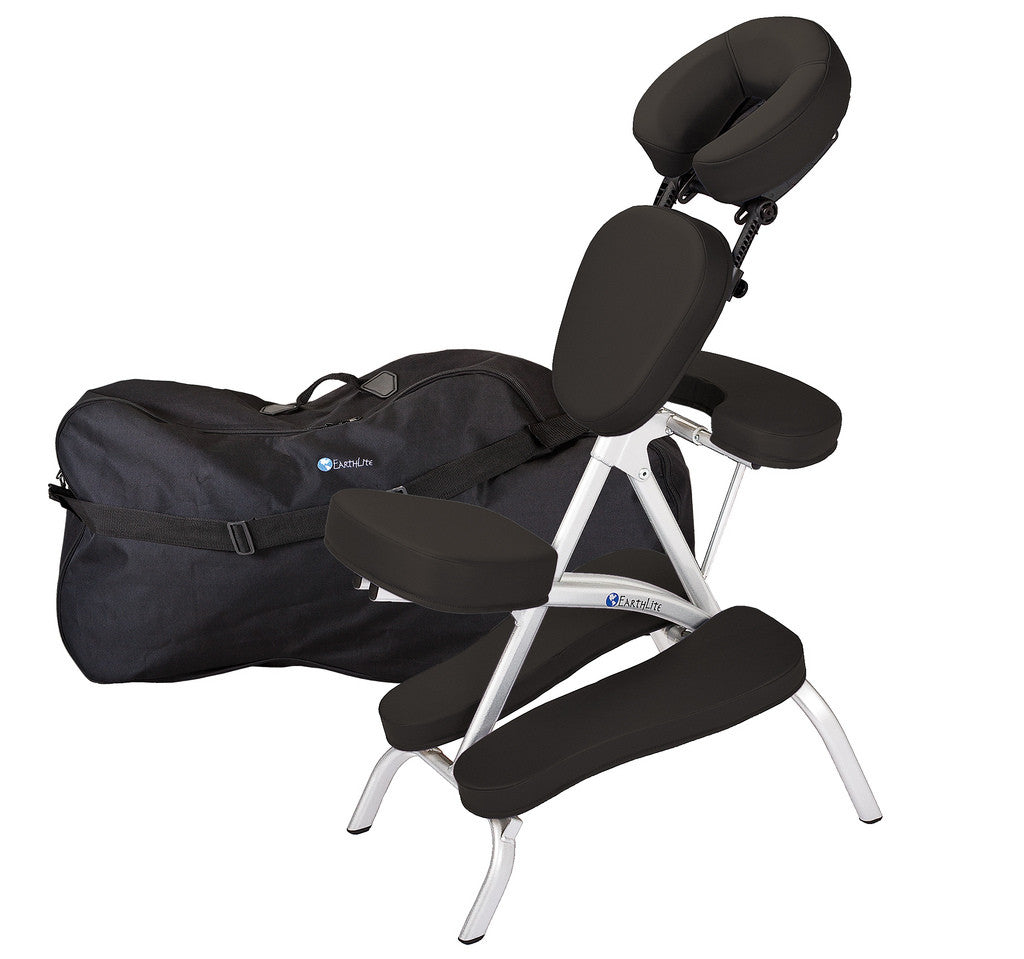 EarthLite VORTEX Portable Massage Chair Package with carrying case beside it.