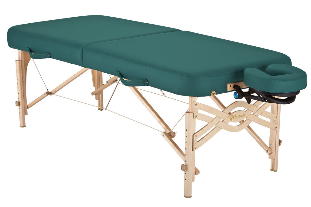 Green EarthLite SPIRIT portable massage table by EarthLite, includes padded face cradle.