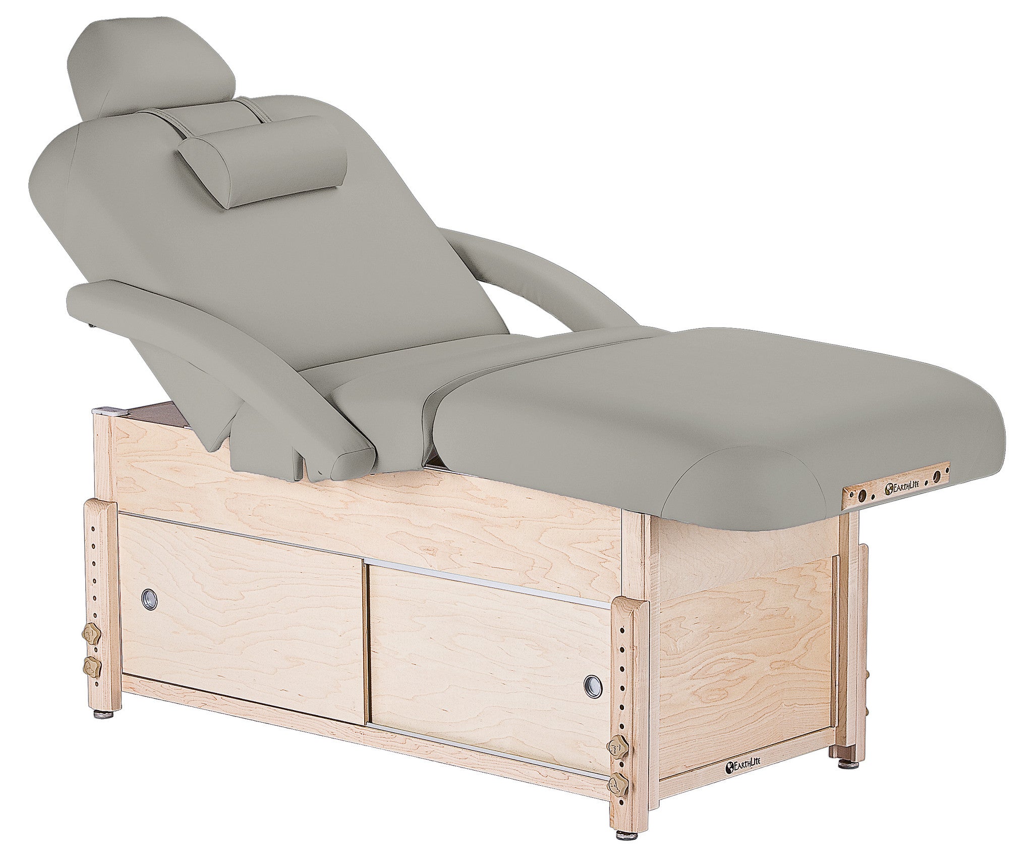 EarthLite SEDONA SALON massage table: light gray cushion, wood base, storage drawers.