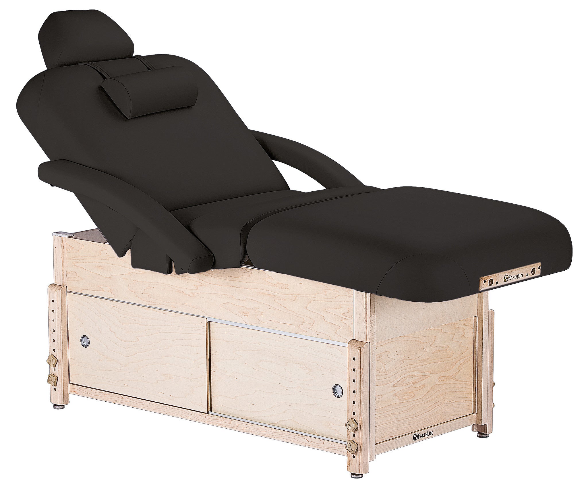 EarthLite SEDONA SALON massage table with adjustable backrest and storage wooden base.