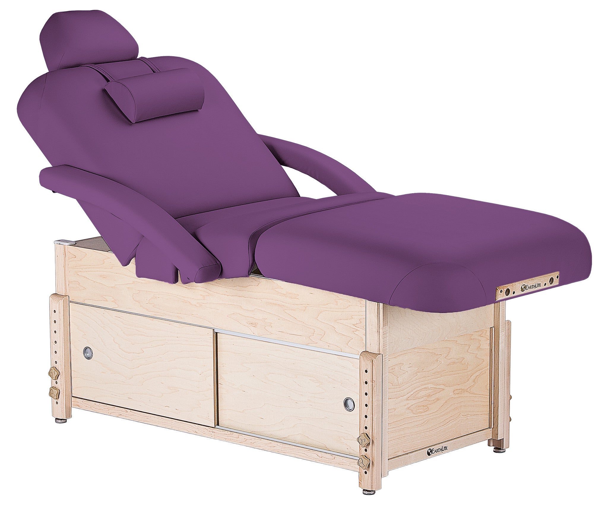 EarthLite Sedona Salon massage table with purple padding, wood base, and storage compartments.