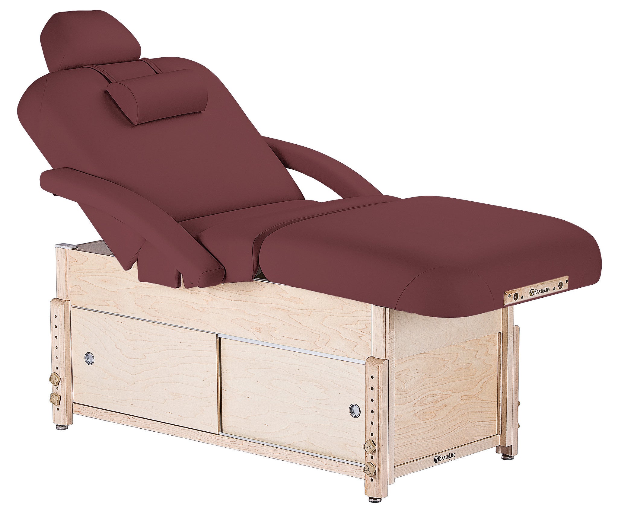 EarthLite SEDONA SALON table with maroon cushioning and light wood storage base.