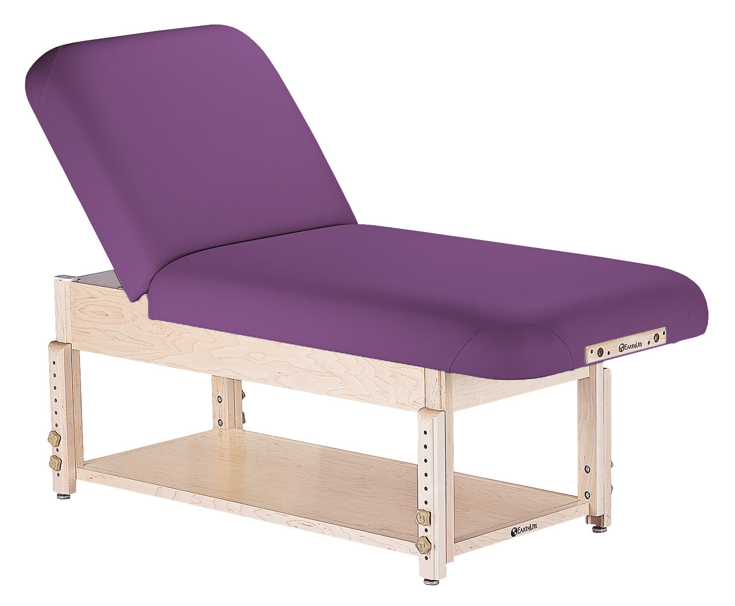 EarthLite SEDONA TILT massage table with wooden frame, purple cushion, and adjustable backrest.