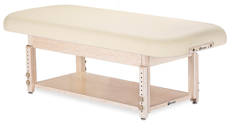 The EarthLite SEDONA FLAT Table features adjustable legs, a cream padded top, and hardwood frame.