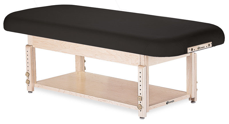 EarthLite SEDONA FLAT Table: black cushion, hardwood frame, and lower storage shelf.