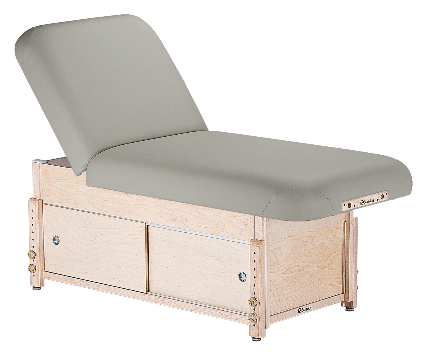 Light gray EarthLite Sedona Tilt massage table with wood base and two storage drawers.