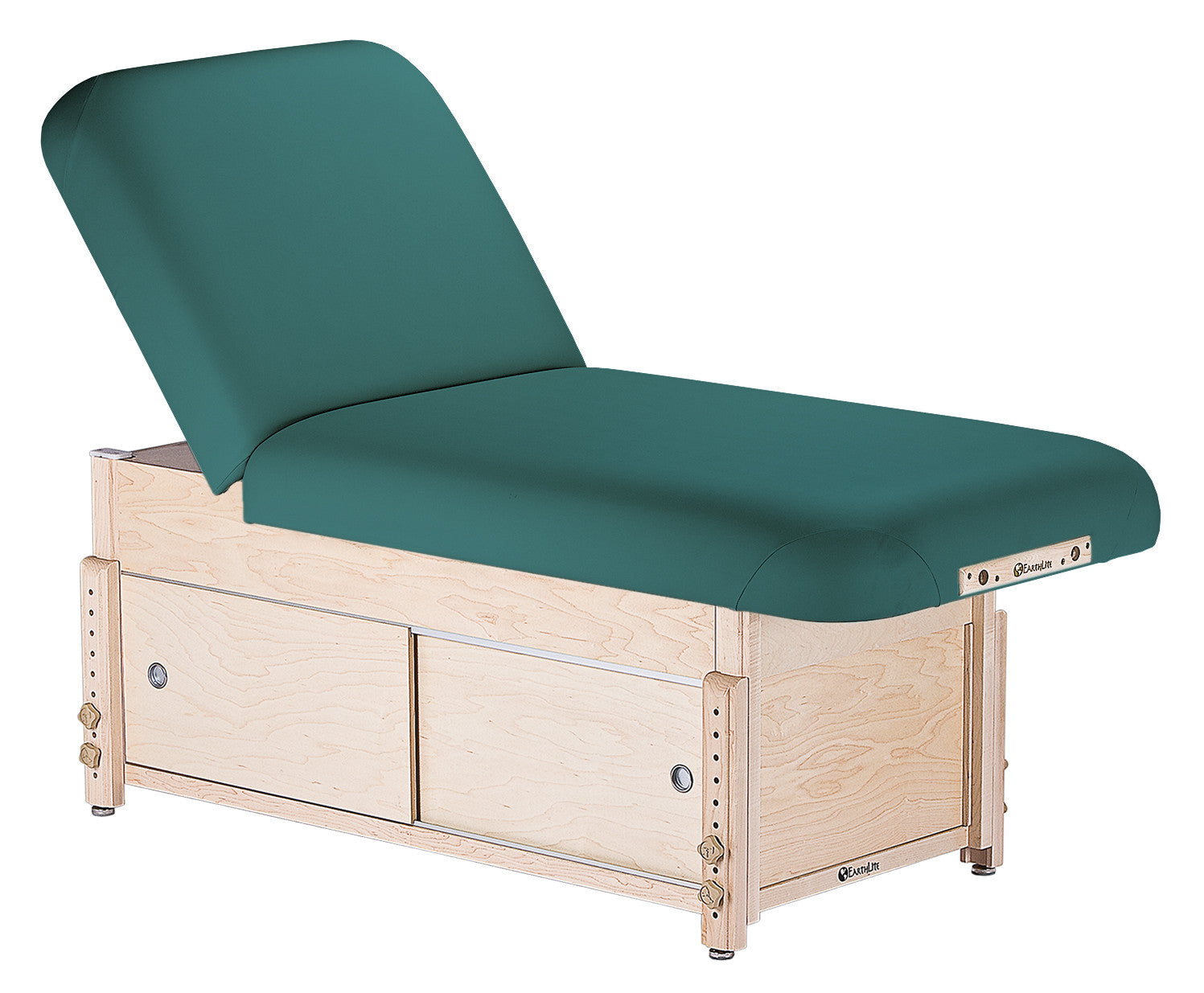 Earthlite SEDONA TILT massage table, green top, wood base with storage drawers.