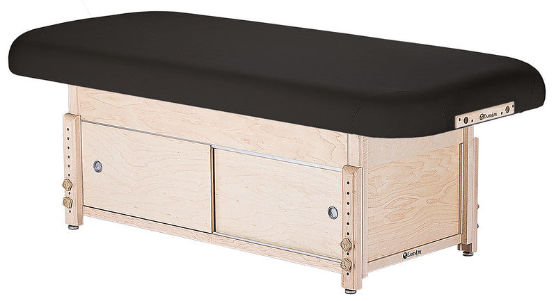 EarthLite SEDONA FLAT massage table features black padding, storage drawers, and adjustable legs.