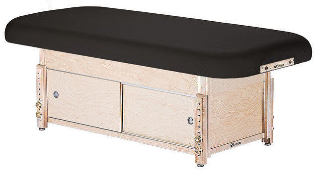 EarthLite SEDONA FLAT Massage Table: hardwood frame, black cushion, storage drawers.