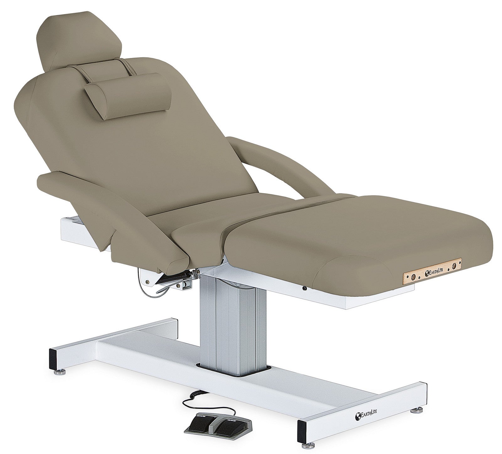 EarthLite EVEREST full electric salon table with headrest, foot controls, and metal base.