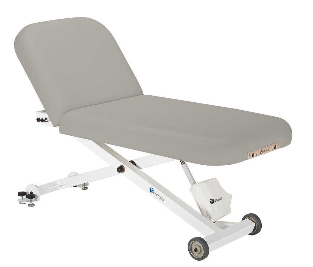 EarthLite ELLORA TILT Mobile Massage Table with adjustable backrest and wheels, gray.