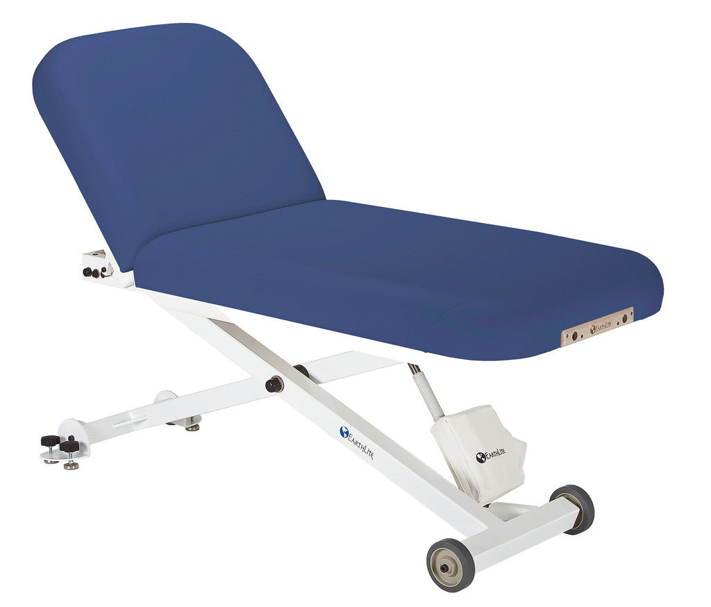 Earthlite ELLORA TILT Massage Table: blue padding, white frame, wheels, adjustable electric lift.