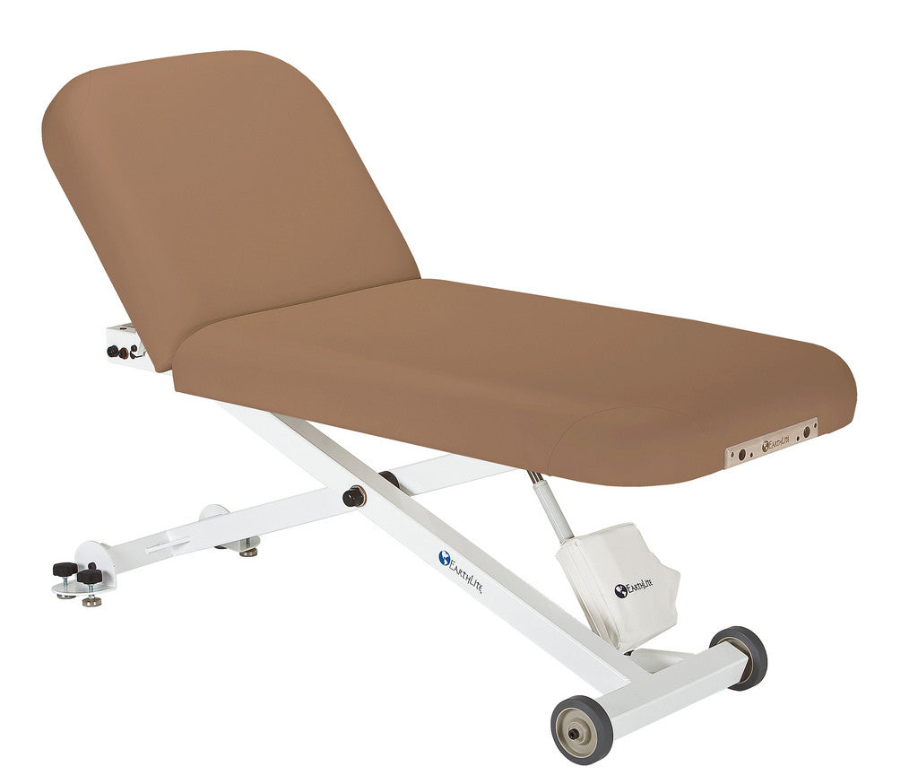 EarthLite ELLORA TILT Mobile Massage Table, brown padding, white frame, ADA compliant.