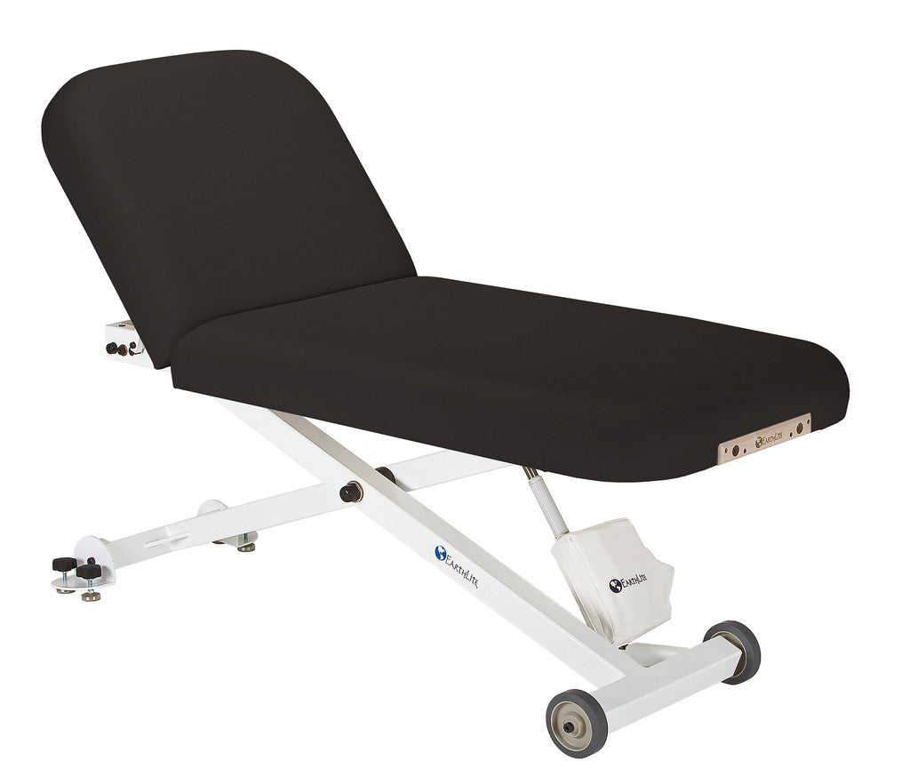 EarthLite ELLORA TILT Mobile Massage Table: ADA compliant, black top, white frame, electric lift.