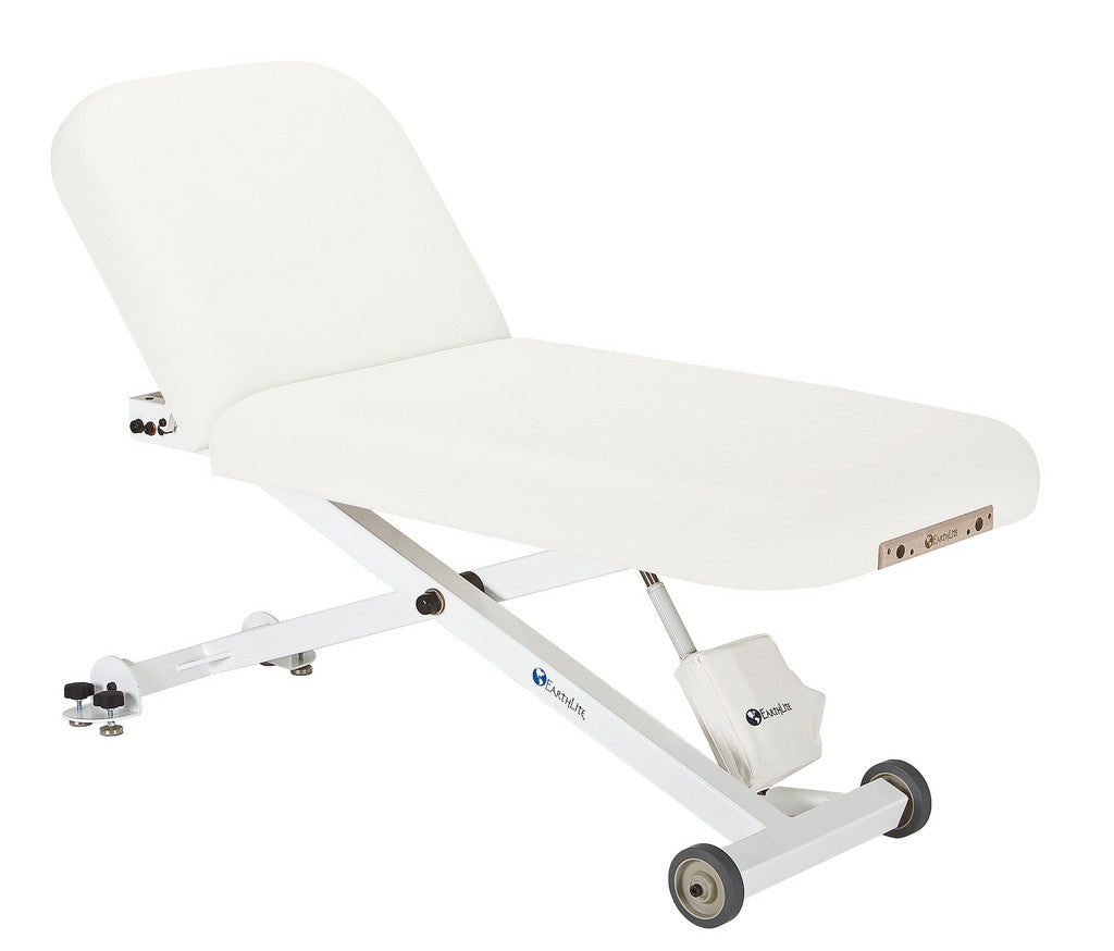 EarthLite ELLORA TILT Mobile Massage Table, ADA compliant with wheels, on plain background.