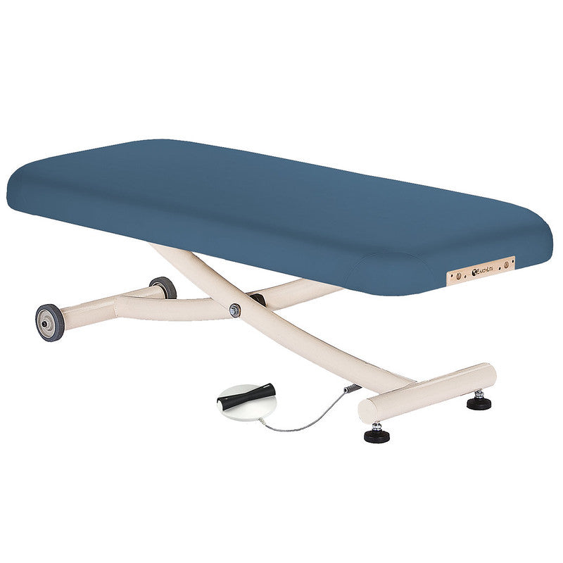 EarthLite ELLORA VISTA Lift Table: blue, adjustable height, wheeled legs, padded massage table.