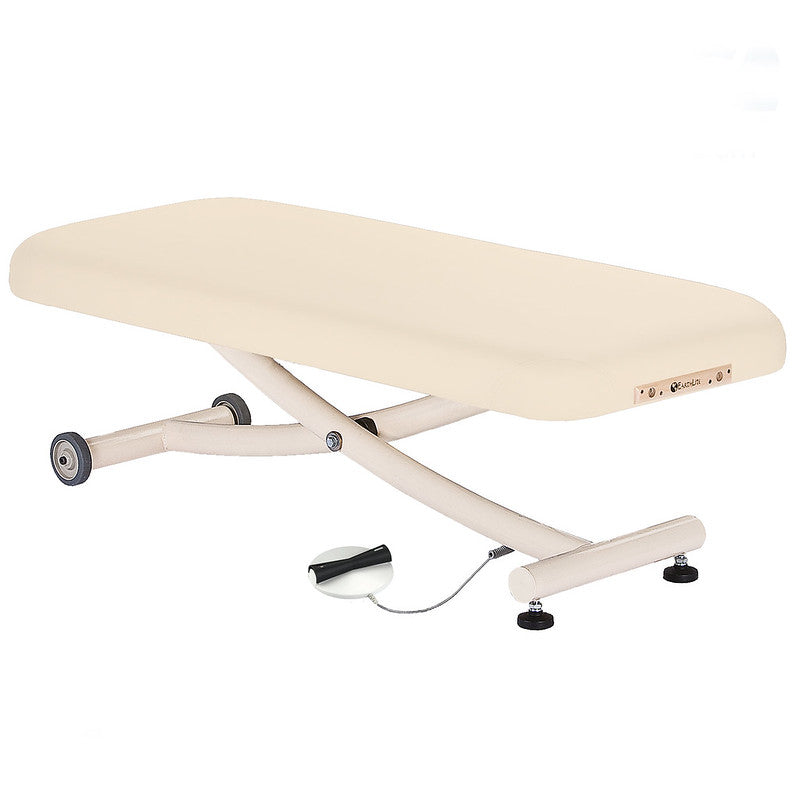EarthLite ELLORA VISTA Lift Table, ADA compliant with wheels and foot pedal, beige on white.