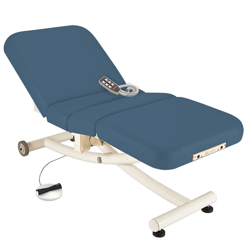 EarthLite Ellora Vista Full Electric Salon Table with blue padding, headrest, and remote control.