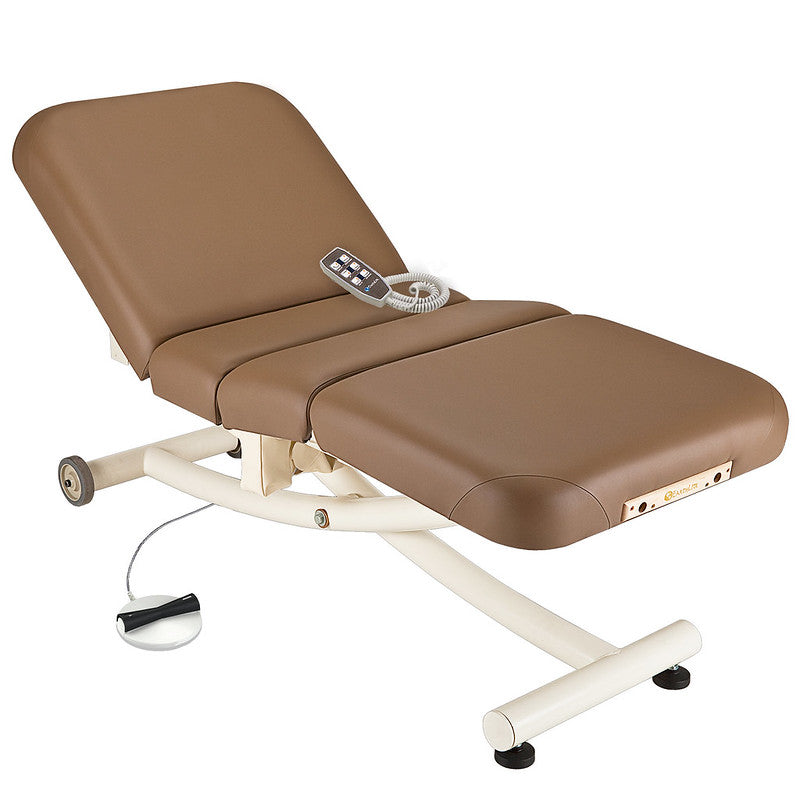 EarthLite Ellora Vista Full Electric Salon Table with headrest, remote, and white metal frame.
