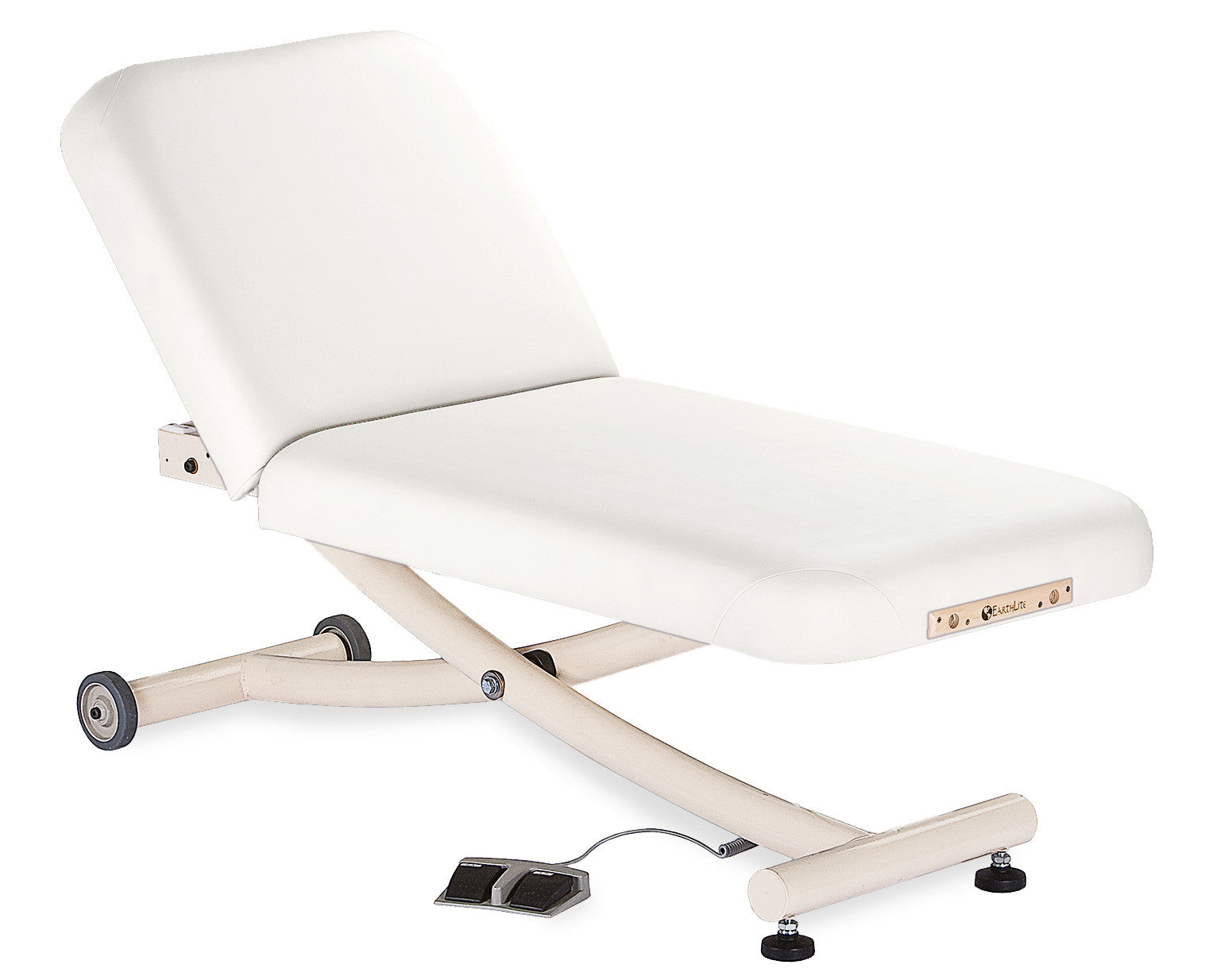 EarthLite Ellora Vista Electric Tilt massage table with wheels and foot pedal controls.