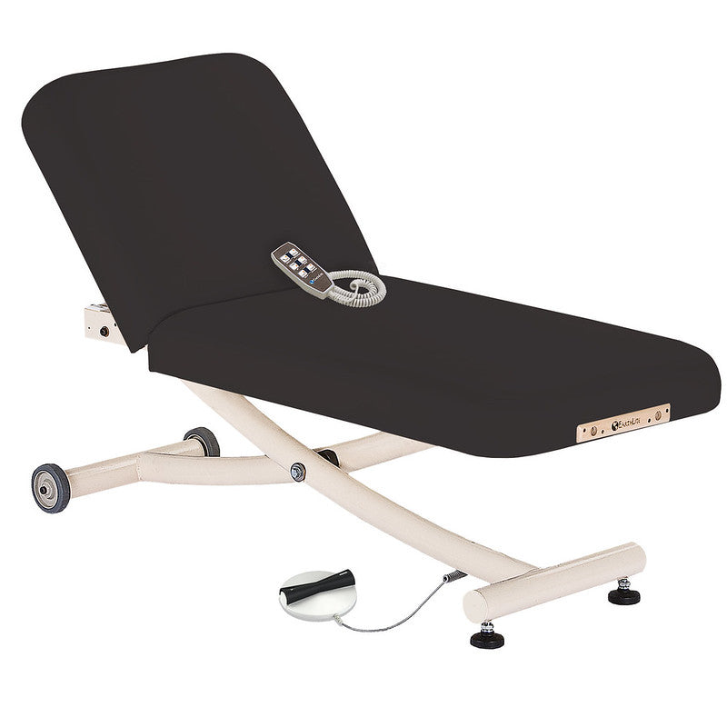 EarthLite ELLORA VISTA ELECTRIC TILT massage table with black cushion and remote control.