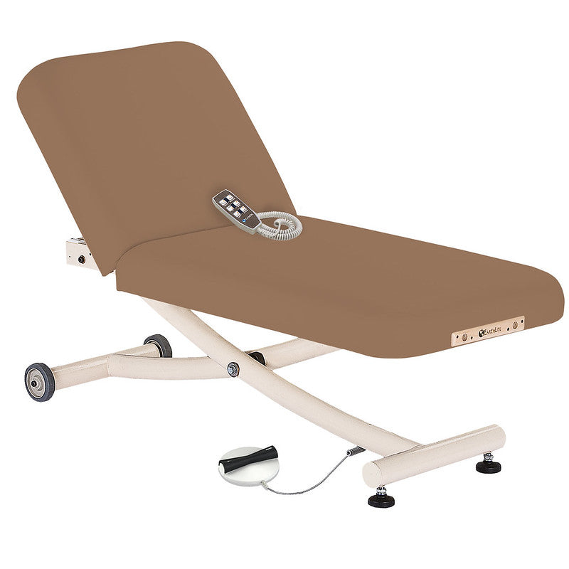 EarthLite Ellora Vista Electric Tilt Massage Table with brown upholstery and remote control.