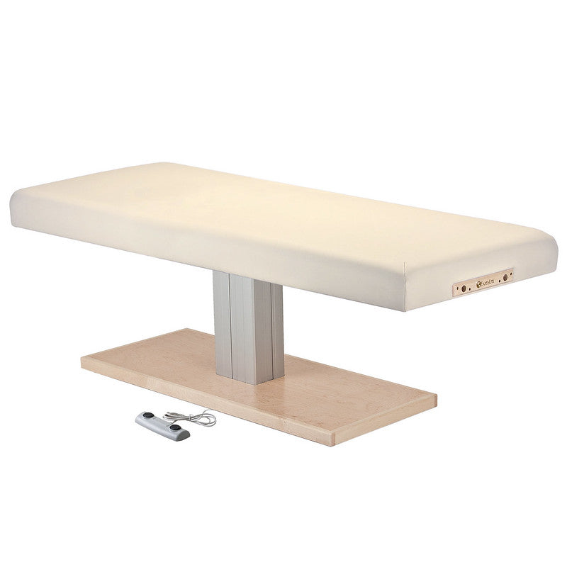EarthLite EVEREST SPA FLAT electric lift table, beige, rectangular with remote control.