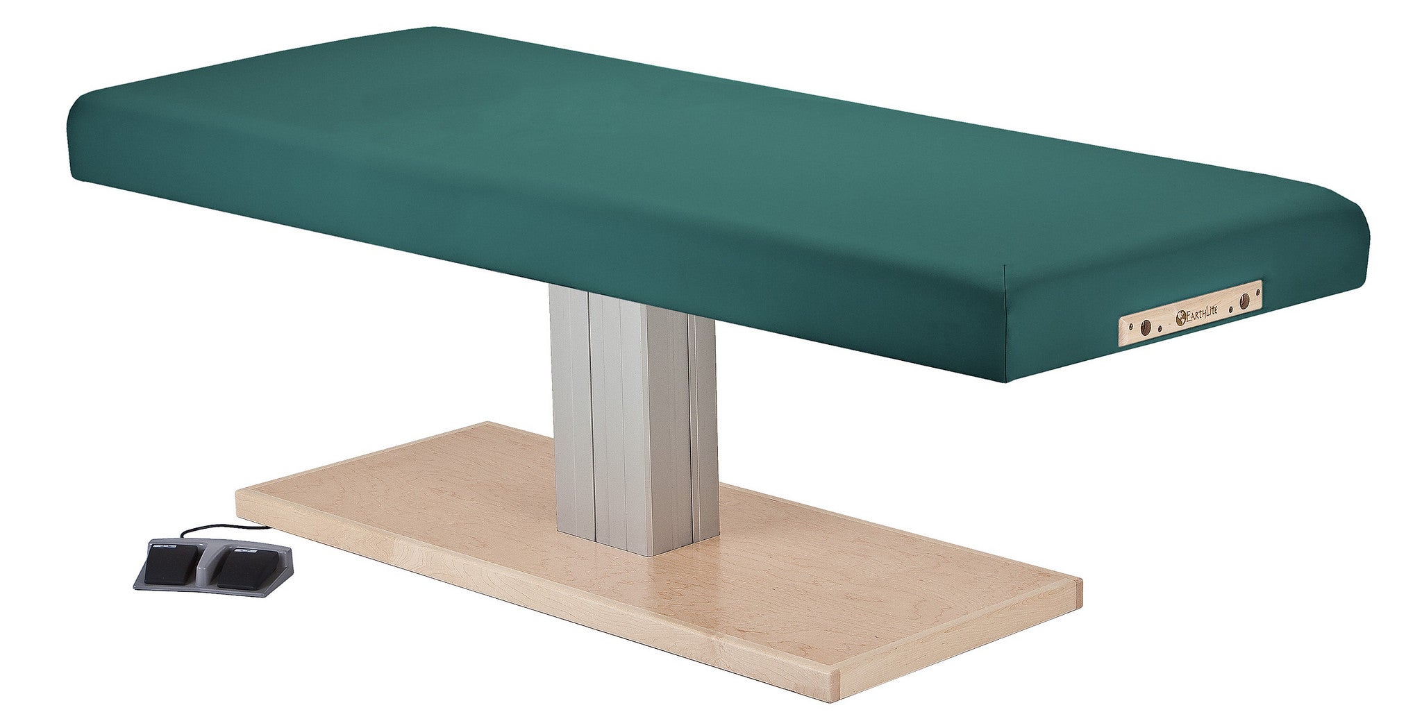 EarthLite EVEREST SPA FLAT green massage table with wood base and foot controls, electric lift.