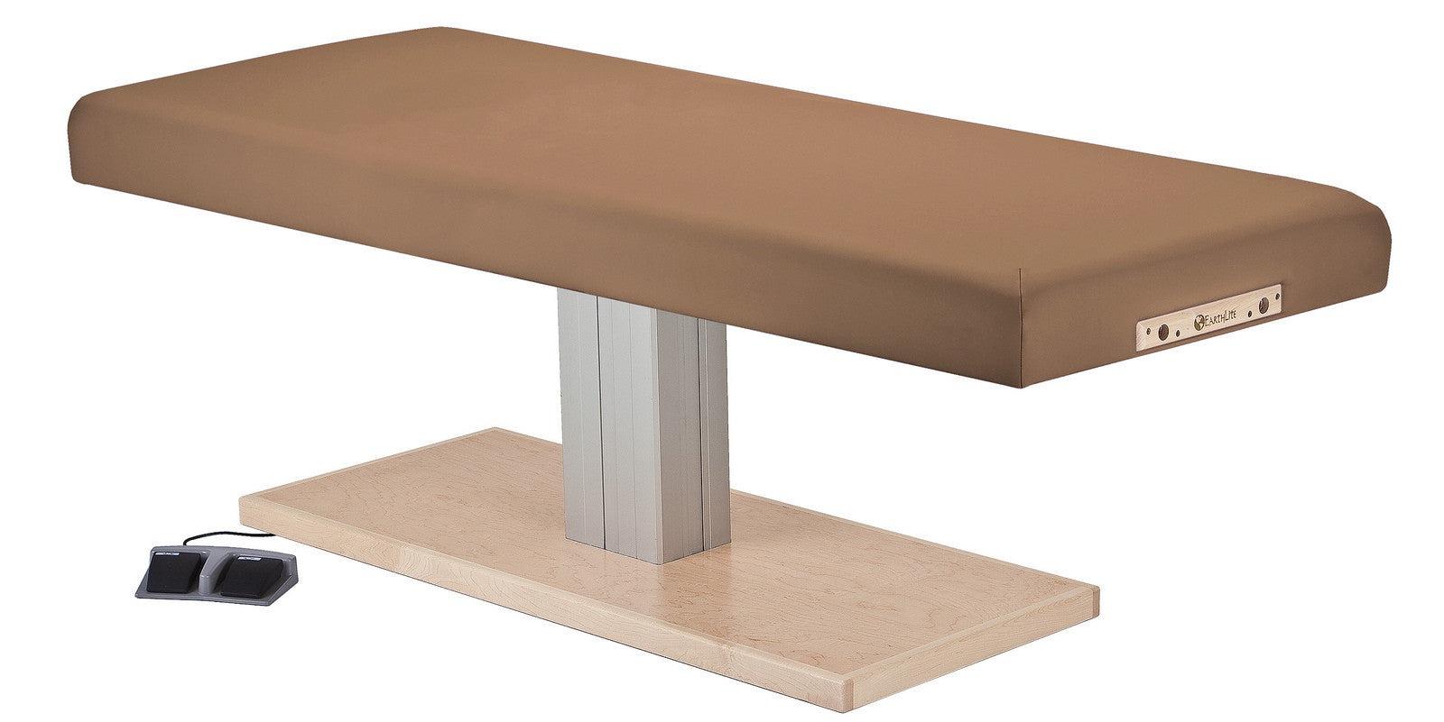 EarthLite EVEREST SPA FLAT Table: rectangular, brown, electric lift, metal base, foot pedal.