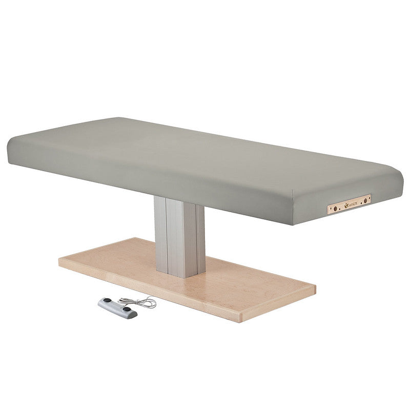 EarthLite EVEREST SPA FLAT electric lift table with remote, gray, on wood platform.