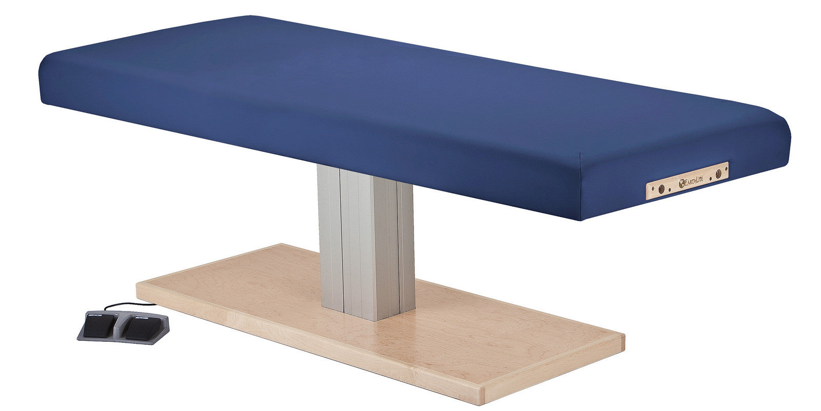 EarthLite EVEREST SPA FLAT electric lift table with blue cushion, wood base, and foot pedal.