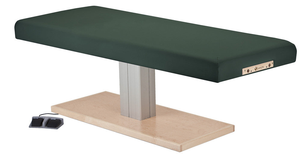 EarthLite EVEREST SPA FLAT electric lift table, green cushion, wood base, foot controls.