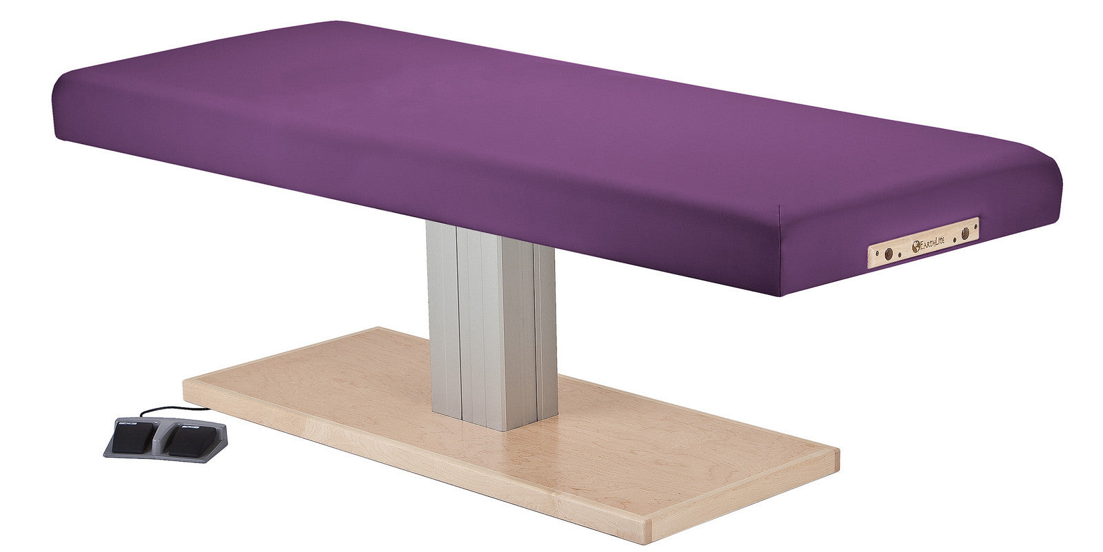 The EarthLite EVEREST SPA FLAT Table features a purple cushion, wood base, and foot pedal.