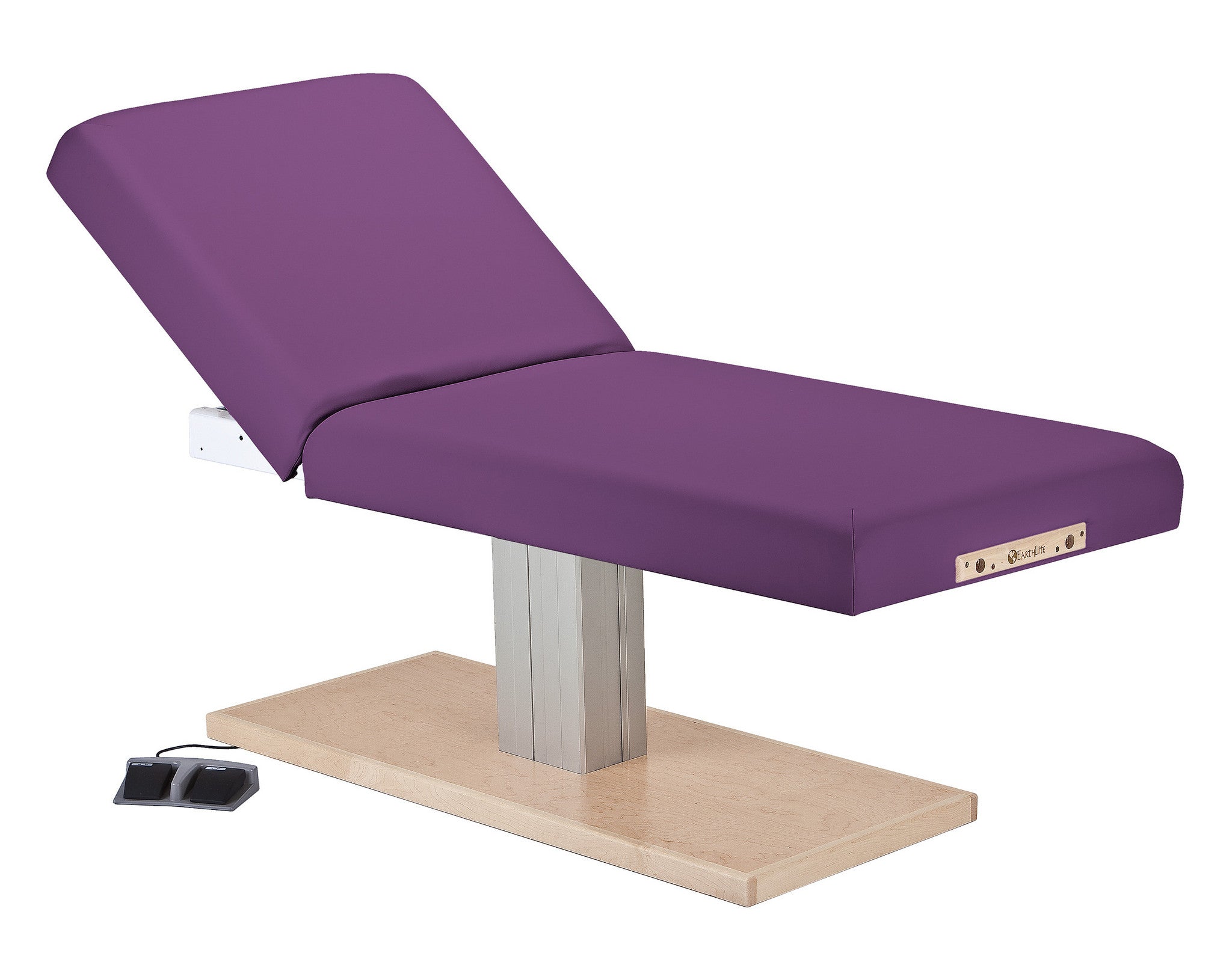 Earthlite EVEREST SPA Electric Tilt Table with wood base, foot controls, and adjustable tilt.