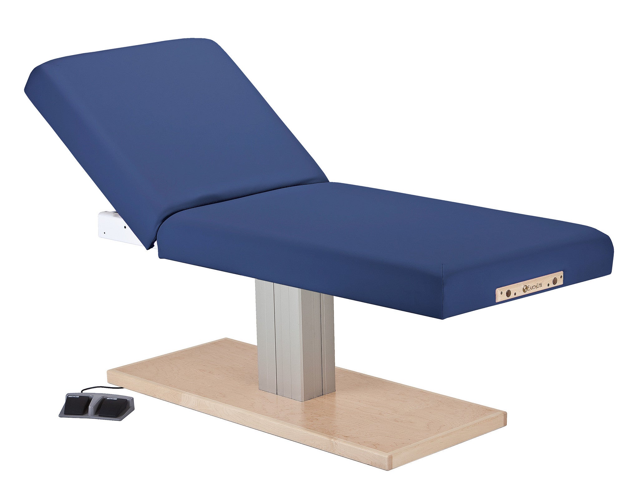 EarthLite Everest Spa Electric Tilt Table with blue cushioning and wooden base.