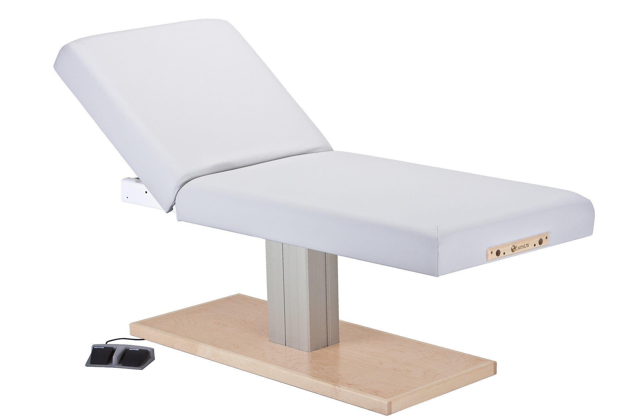 EarthLite Everest Spa Electric Tilt Table with pedestal base & foot pedal for spa treatments.