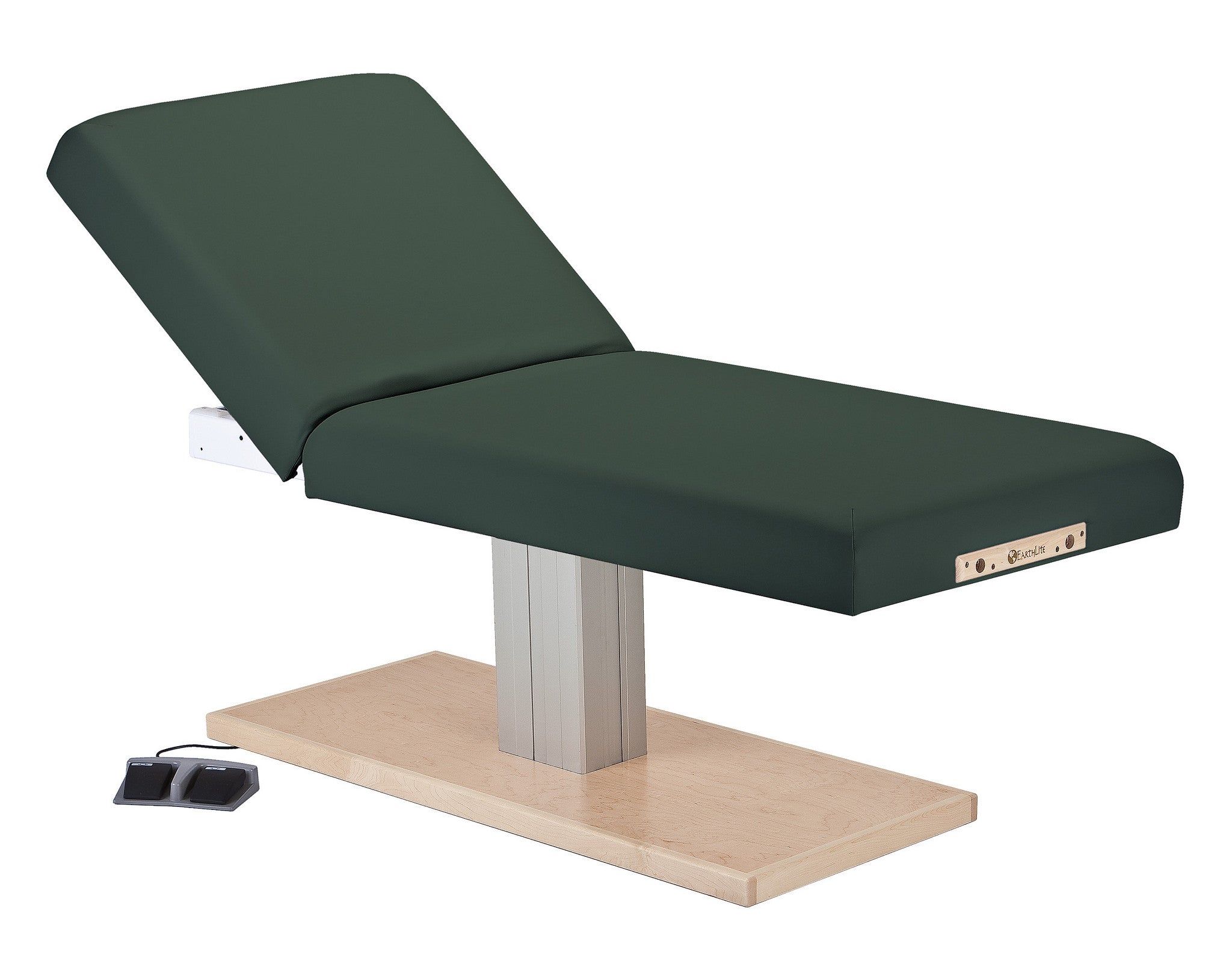 EarthLite Everest Spa Electric Tilt Table with single pedestal electric lift and wood base.